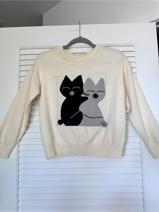 Source Unknown Sweaters - Cute Cat Knit Sweater Women Cream Crewneck Cozy Soft Minimalist Unbranded S